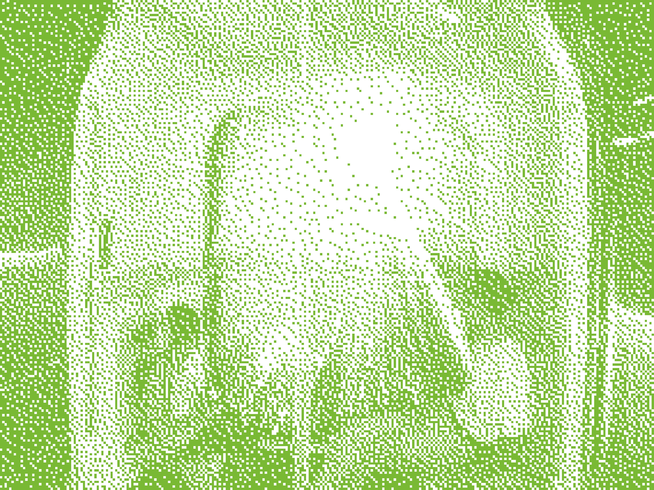 Stark verarbeitetes Bild in grüner Pixeloptik mit zwei Personen in einem Gefährt und einem hellen Schein.